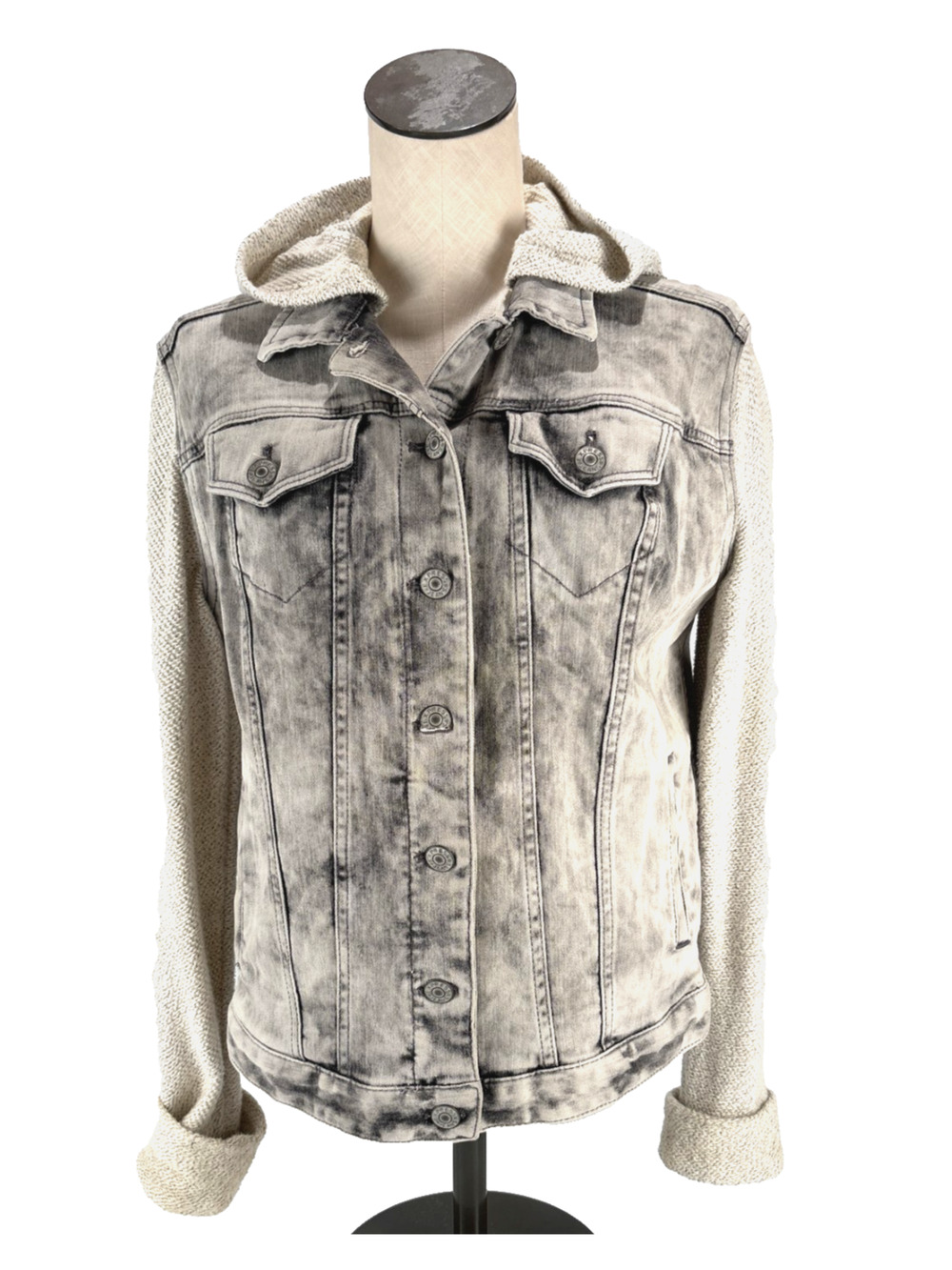 Express Jeans Womens Distressed Denim Jacket Hoodie Knit Sleeves Gray Wash LARGE